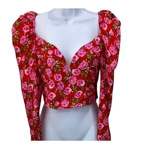 Zara Red & Pink Floral Print Long Puff Sleeve Side Zip Ruche Waist Crop Top L